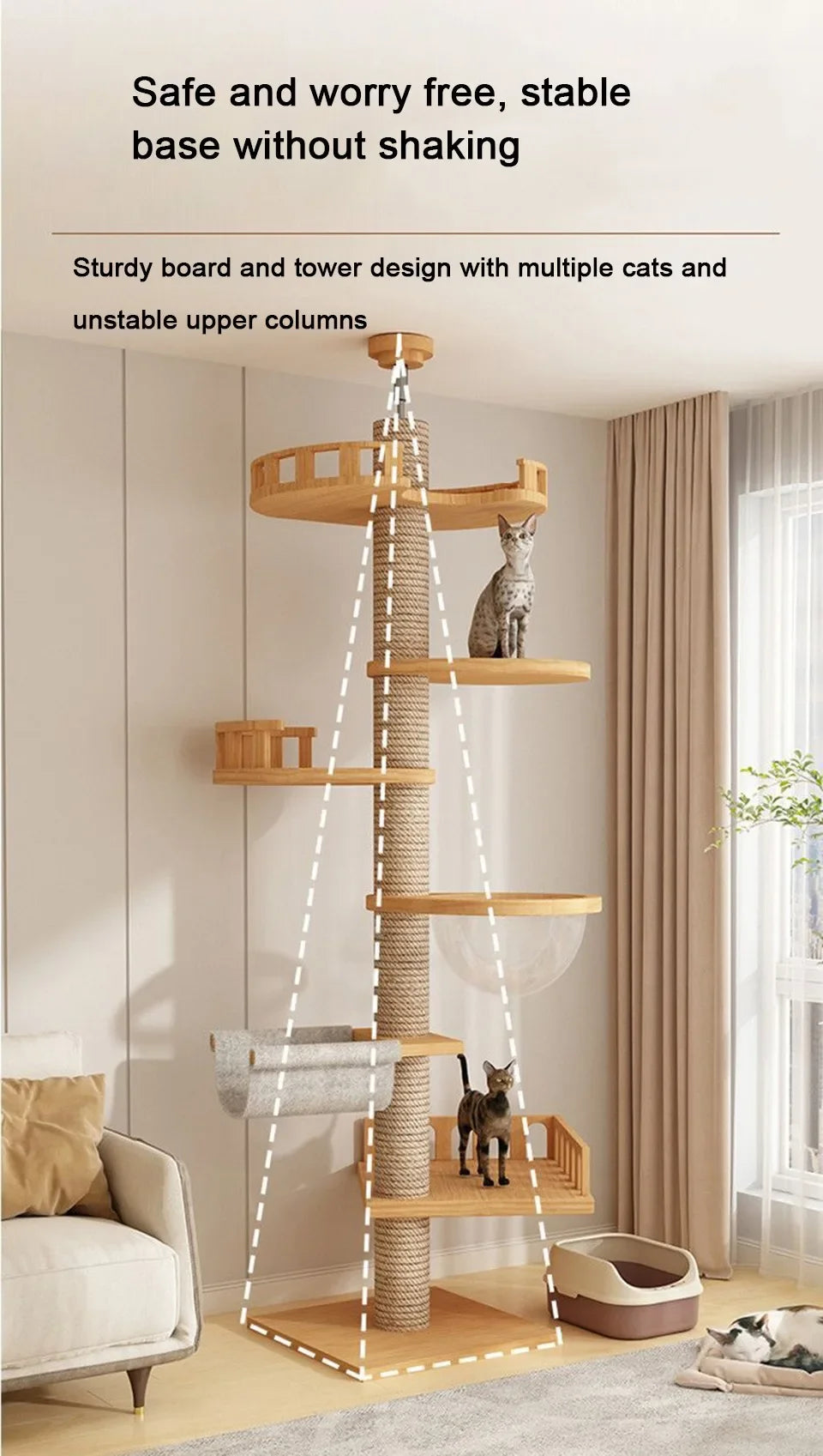 5-Layer Adjustable Cat Tree House Tower – Floor to Ceiling with Flannel Hammock