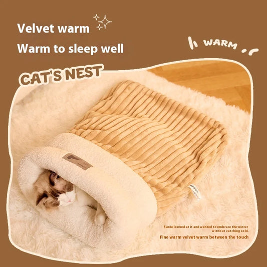 Semi-Enclosed Cat Sleeping Bag – Winter Warm Plush Bed for Cats & Small Dogs, Grey, Brown