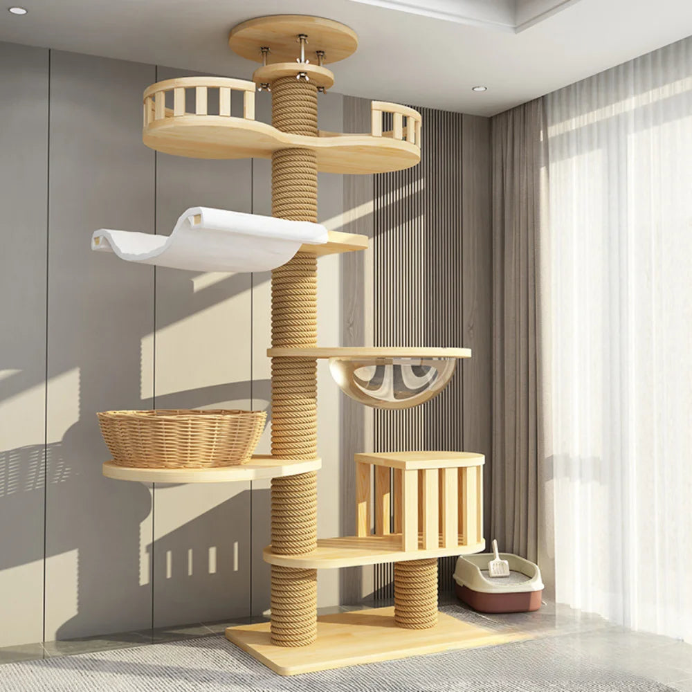 5-Layer Adjustable Cat Tree House Tower – Floor to Ceiling with Flannel Hammock