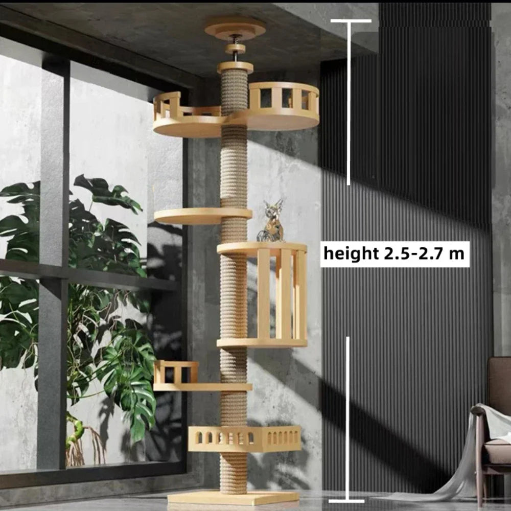 5-Layer Adjustable Cat Tree House Tower – Floor to Ceiling with Flannel Hammock