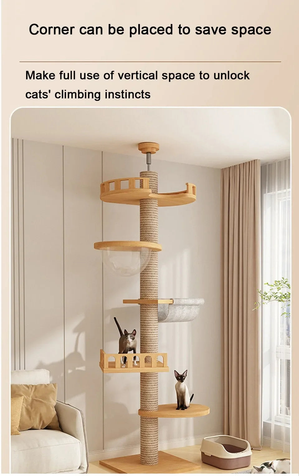 5-Layer Adjustable Cat Tree House Tower – Floor to Ceiling with Flannel Hammock