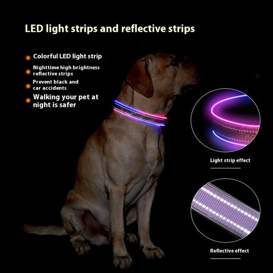 LED Pet Luminous Printing Reflective Stripe USB Charging Shiny Dog Collar